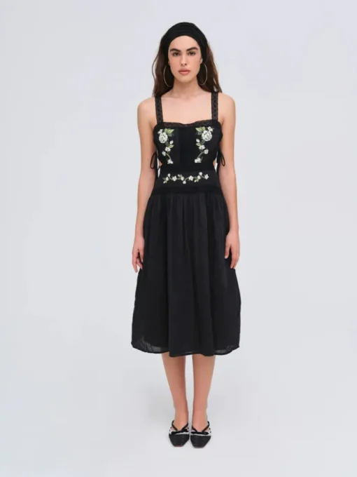 Jolene Embroidered Midi Dress - Black