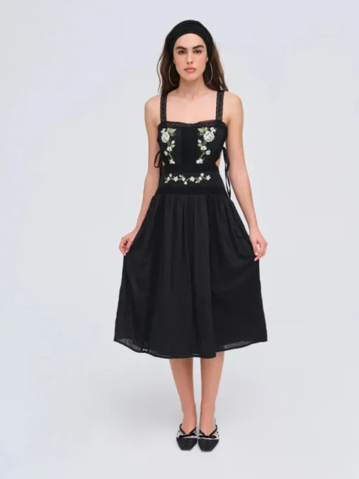 Jolene Embroidered Midi Dress - Black