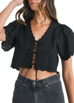 Poppy Eyelet Tie Top - Black