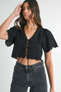 Poppy Eyelet Tie Top - Black