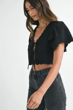 Poppy Eyelet Tie Top - Black