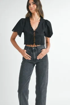 Poppy Eyelet Tie Top - Black