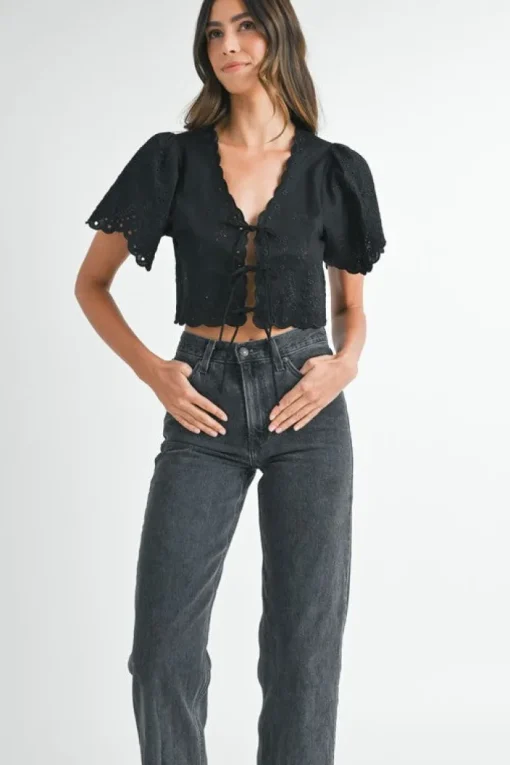 Poppy Eyelet Tie Top - Black